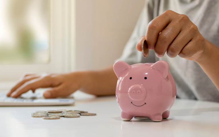 Geld sparen und das Sparschwein füttern.