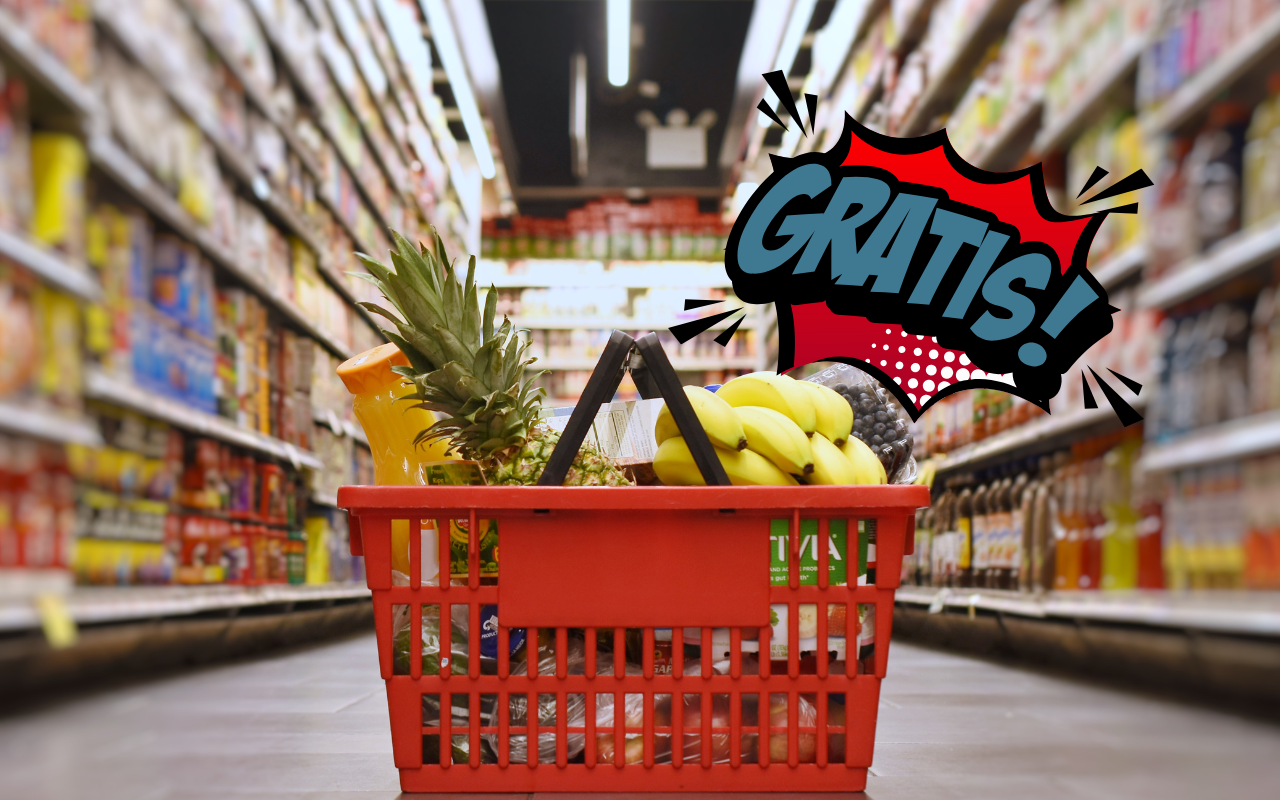 Einkaufkorb mit Gratissprechblase wird für Gratis-Testaktionen