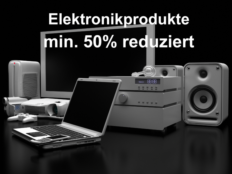verschiedene Technikprodukte wie Laptop oder Fernseher die min. 50% reduziert sind.