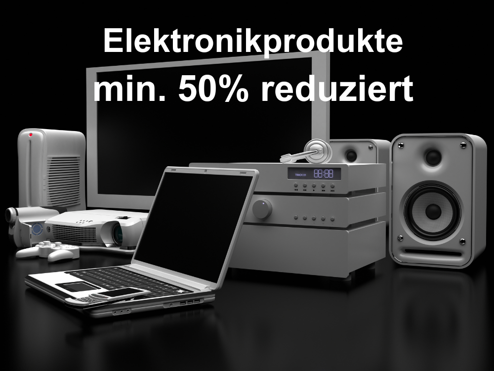 verschiedene Technikprodukte wie Laptop oder Fernseher die min. 50% reduziert sind.